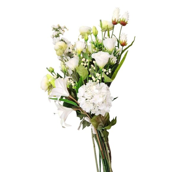 Artificial White Floral Bouquet W/ Lilies Roses & Hydrangeas - 13 Stems Realisti - Picture 7 of 14